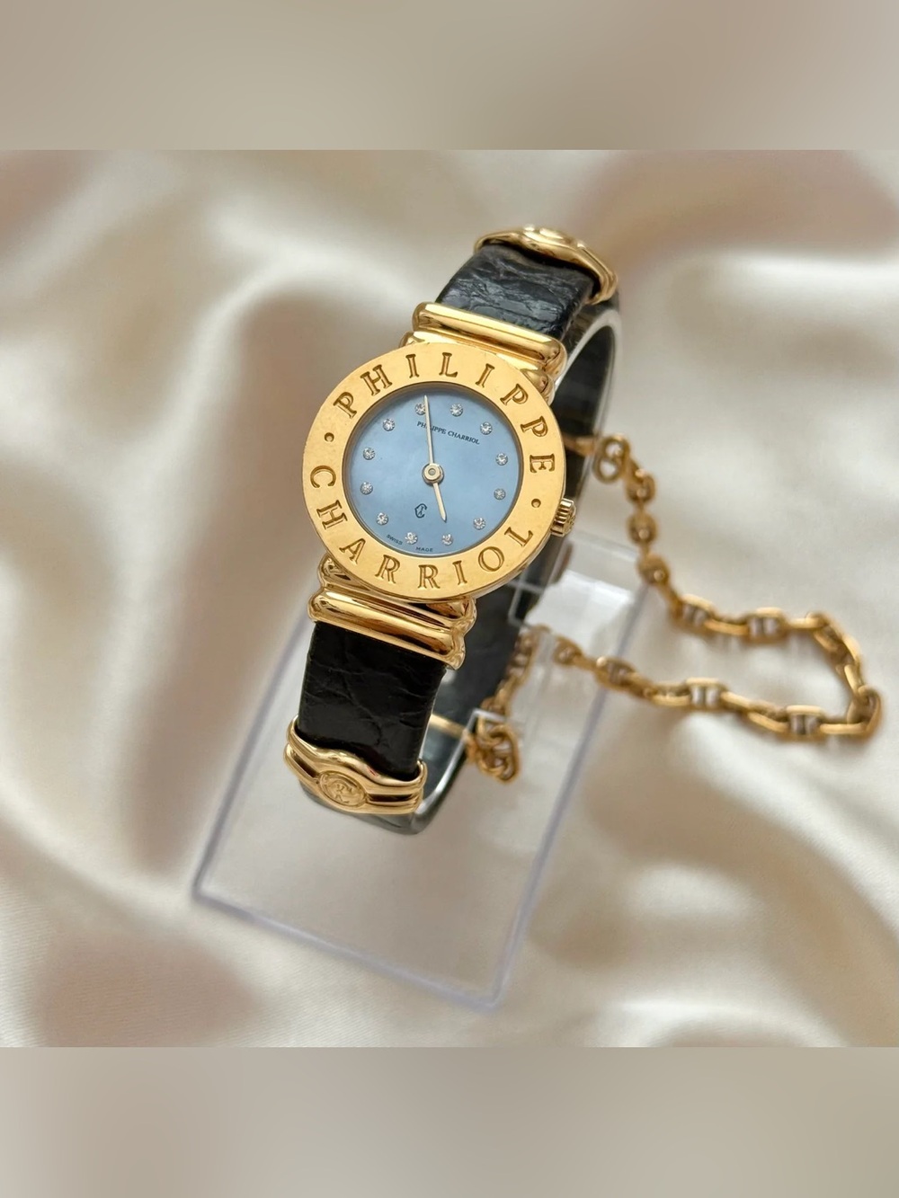 AUTHENTIC VINTAGE PHILIPPE CHARRIOL MOTHER-OF-PEARL BLACK LEATHER WATCH - Picture 2 of 8